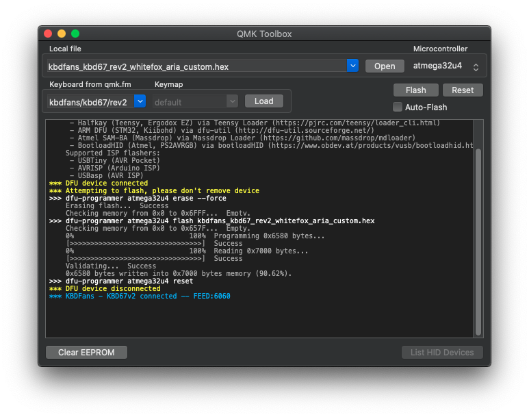 A screenshot of the QMK toolbox software after flashing a new firmware to the keyboard’s micro-controller