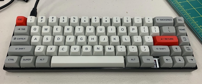 The completed keyboard from a front angle. It shows the different profiles and slopes of the different rows