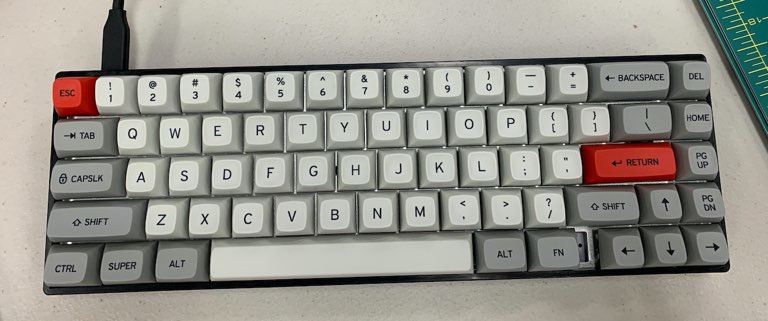 The completed keyboard from a top angle. It shows the layout and the beautiful typeface of the keys